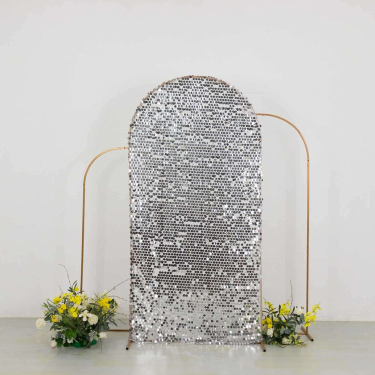 Sparkly Silver Big Payette Sequin Fitted Chiara Backdrop Stand Cover for Round Top Wedding Arch