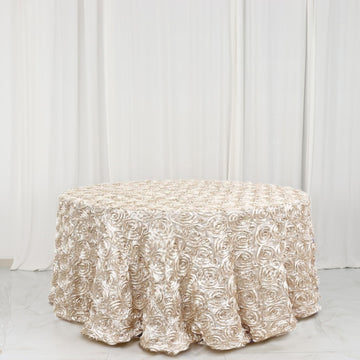 Beige Seamless Grandiose 3D Rosette Satin Round Tablecloth 120" for 5 Foot Table With Floor-Length Drop