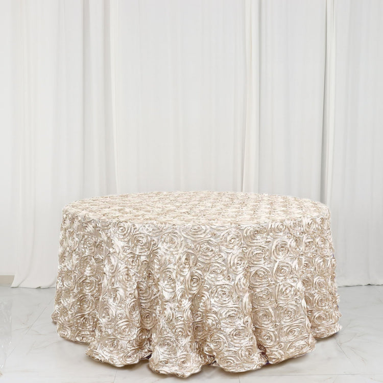 Beige Grandiose 3D Rosette Satin Round Tablecloth 120 Inch 