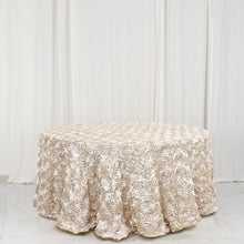 Beige Grandiose 3D Rosette Satin Round Tablecloth 120 Inch 