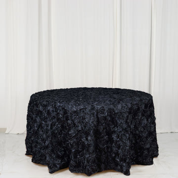 Black Seamless Grandiose 3D Rosette Satin Round Tablecloth 120" for 5 Foot Table With Floor-Length Drop