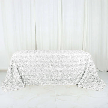 White Seamless Grandiose 3D Rosette Satin Rectangle Tablecloth 90"x132" for 6 Foot Table With Floor-Length Drop