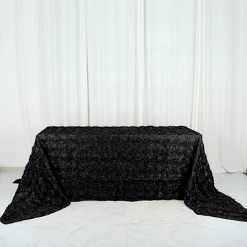 Black Seamless Grandiose Rosette 3D Satin Rectangle Tablecloth 90"x156" for 8 Foot Table With Floor-Length Drop