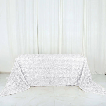 White Seamless Grandiose Rosette 3D Satin Rectangle Tablecloth 90"x156" for 8 Foot Table With Floor-Length Drop