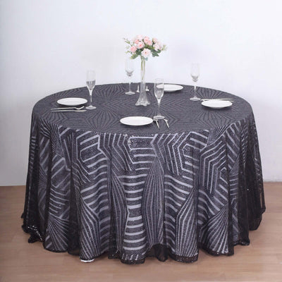 Sequin Round Tablecloth 120" Black with Diamond Glitz Design - Seamless Table Cover