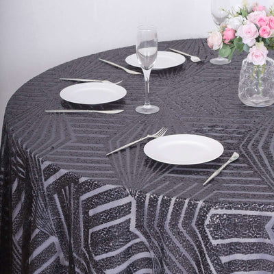 Sequin Round Tablecloth 120" Black with Diamond Glitz Design - Seamless Table Cover