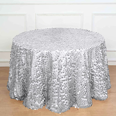 Sequin Round Tablecloth 120" Silver - Big Payette Seamless Table Cover