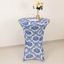 Royal Blue Damask Cocktail Spandex Table Cover, 24-32inch Highboy Stretch Fitted Tablecloth