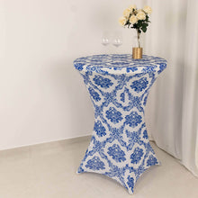 Royal Blue Damask Cocktail Spandex Table Cover, 24-32inch Highboy Stretch Fitted Tablecloth