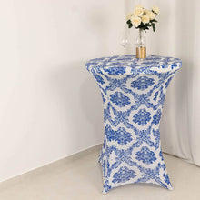 Royal Blue Damask Cocktail Spandex Table Cover, 24-32inch Highboy Stretch Fitted Tablecloth