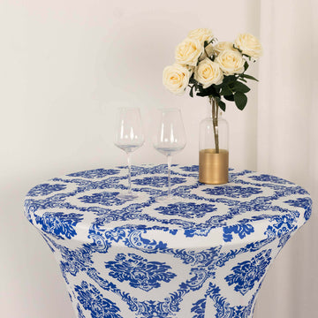 <span style="background-color:transparent;color:#000000;">Royal Blue Damask Spandex Table Cover - A Perfect Fit for Highboy Tables</span>