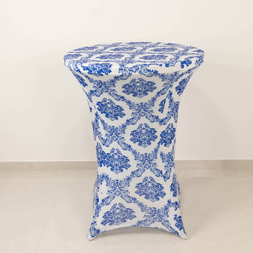 Royal Blue Damask Cocktail Spandex Table Cover, 24"-32" Round Highboy Stretch Fitted Tablecloth