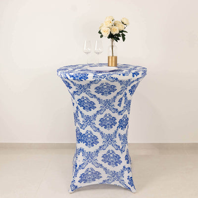 Spandex Round Cocktail Table Cover 30" Royal Blue Damask Highboy Tables - Easy to Maintain Stretch Fitted Tablecloth