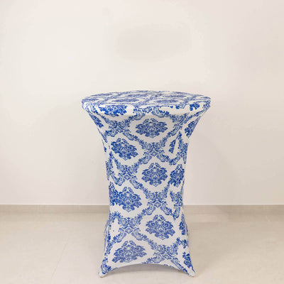 Spandex Round Cocktail Table Cover 30" Royal Blue Damask Highboy Tables - Easy to Maintain Stretch Fitted Tablecloth