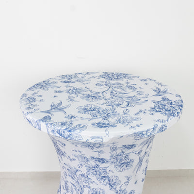 Spandex Cocktail Table Cover – Blue & White French Toile, 30" Round Highboy Stretch Fitted Tablecloth
