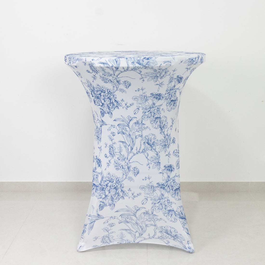 Spandex Cocktail Table Cover – Blue & White French Toile