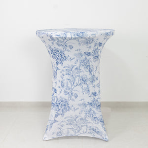 Spandex Cocktail Table Cover – Blue & White French Toile, 30" Round Highboy Stretch Fitted Tablecloth