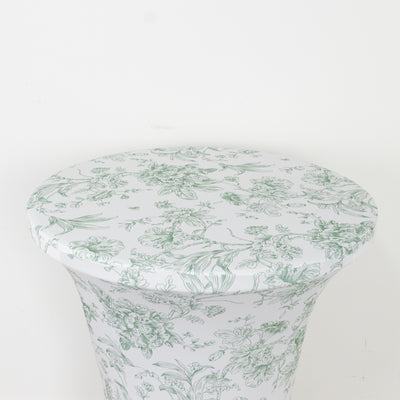 Spandex Cocktail Table Cover – Dusty Sage Green & White French Toile, 30" Round Highboy Stretch Fitted Tablecloth