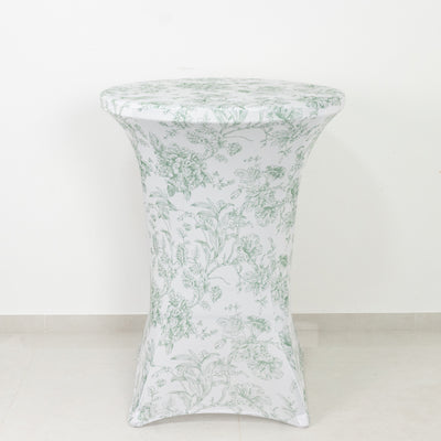 Spandex Cocktail Table Cover – Dusty Sage Green & White French Toile, 30" Round Highboy Stretch Fitted Tablecloth