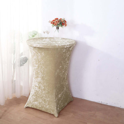 Crushed Velvet Spandex Round Cocktail Table Cover 30" Beige - Smooth Fitted Highboy Tablecloth for Receptions & Functions
