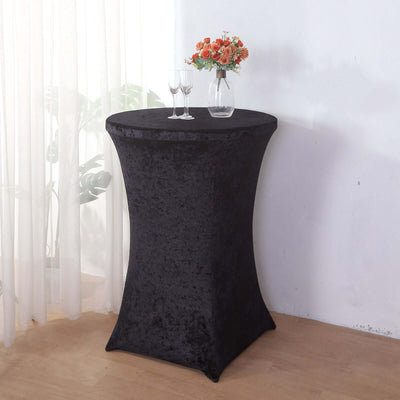 Crushed Velvet Spandex Round Cocktail Table Cover 30" Black - Smooth Fitted Highboy Tablecloth for Receptions & Functions