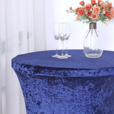 Crushed Velvet Spandex Round Cocktail Table Cover 30" Navy Blue - Smooth Fitted Highboy Tablecloth for Receptions & Functions