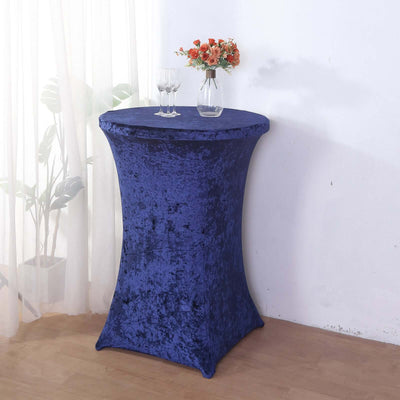 Crushed Velvet Spandex Round Cocktail Table Cover 30" Navy Blue - Smooth Fitted Highboy Tablecloth for Receptions & Functions