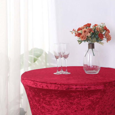 Crushed Velvet Spandex Round Cocktail Table Cover 30" Red - Smooth Fitted Highboy Tablecloth for Receptions & Functions
