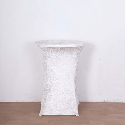 Crushed Velvet Spandex Round Cocktail Table Cover 30" White - Smooth Fitted Highboy Tablecloth for Receptions & Functions