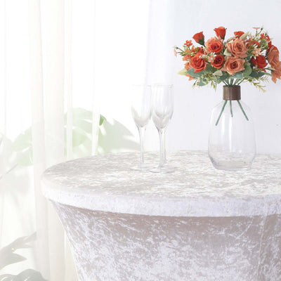 Crushed Velvet Spandex Round Cocktail Table Cover 30" White - Smooth Fitted Highboy Tablecloth for Receptions & Functions