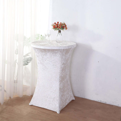 Crushed Velvet Spandex Round Cocktail Table Cover 30" White - Smooth Fitted Highboy Tablecloth for Receptions & Functions