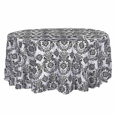 Taffeta Round Tablecloth 120" Black with Velvet Flocking Damask Design - Seamless Finish for Formal Occasions