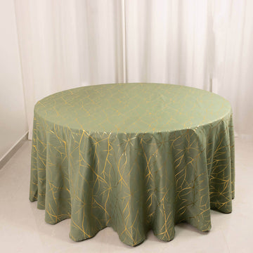 Dusty Sage Green Round Polyester Tablecloth With Gold Foil Tree Branch Pattern - 120" for 5 Foot Table With Floor-Length Drop