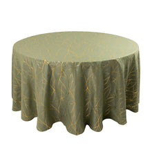 Dusty Sage Green Round Polyester Tablecloth With Gold Foil Tree Branch Pattern - 120inch for 5 Foot