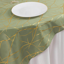 Dusty Sage Green Polyester Square Table Overlay With Gold Foil Tree Branch Pattern