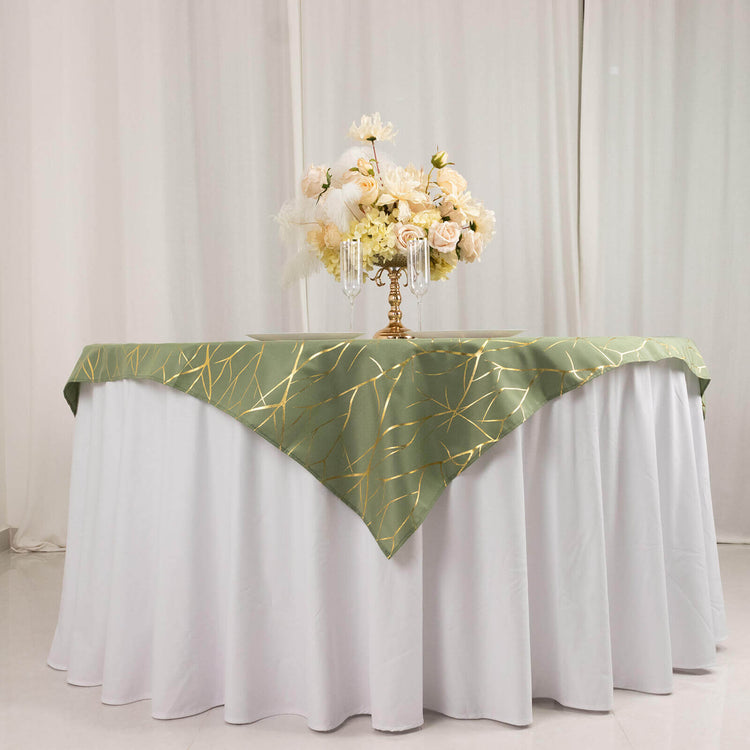 Dusty Sage Green Polyester Square Table Overlay With Gold Foil Tree Branch Pattern