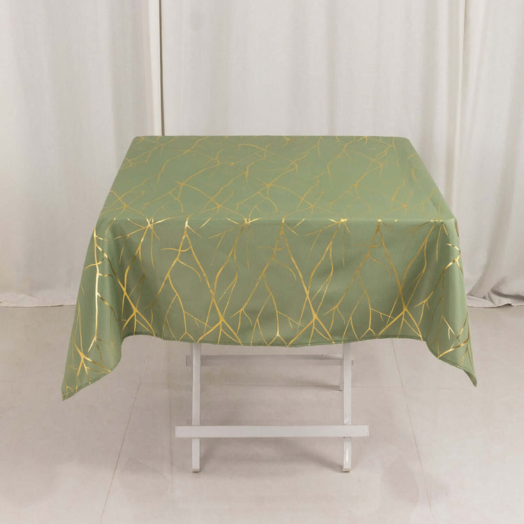 Dusty Sage Green Polyester Square Tablecloth With Gold Foil Tree Branch Pattern