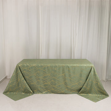 Dusty Sage Green Polyester 90x132 in Tablecloth with Gold Foil Tree Pattern