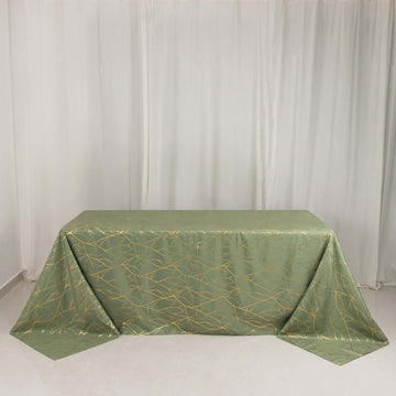 Dusty Sage Green Rectangle Polyester Tablecloth With Gold Foil Tree Branch Pattern - 90"x132" for 6 Foot Table With Floor-Length Drop