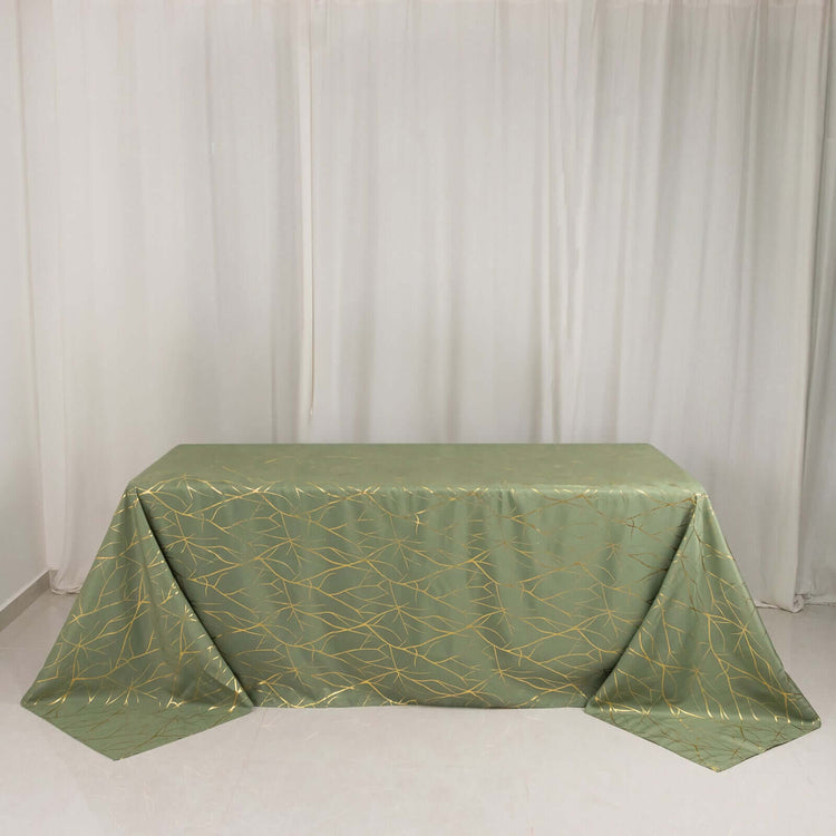 Dusty Sage Green Rectangle Polyester Tablecloth With Gold Foil Tree Branch Pattern - 90x132" 6ft