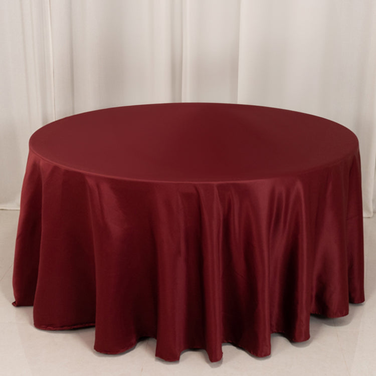 Burgundy Seamless Lamour Satin Round Tablecloth - 120 for 5 Foot Table With Floor-Length Drop