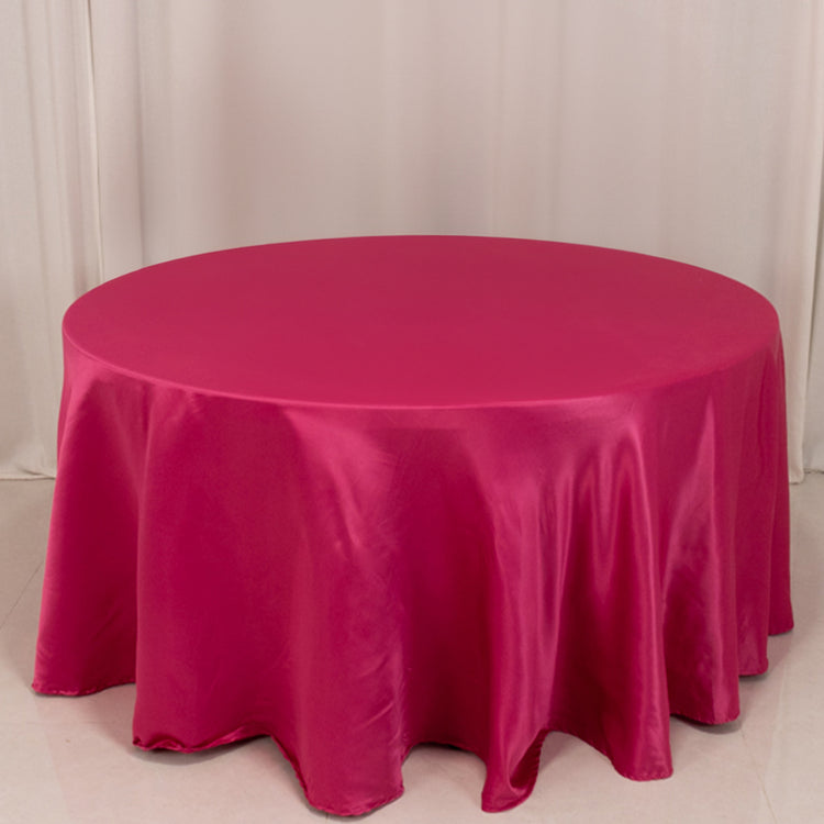 Fuchsia Seamless Lamour Satin Round Tablecloth - 120 for 5 Foot Table With Floor-Length Drop