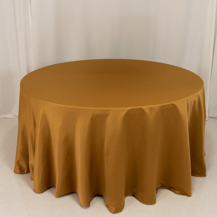 Gold Seamless Lamour Satin Round Tablecloth - 120 for 5 Foot Table With Floor-Length Drop