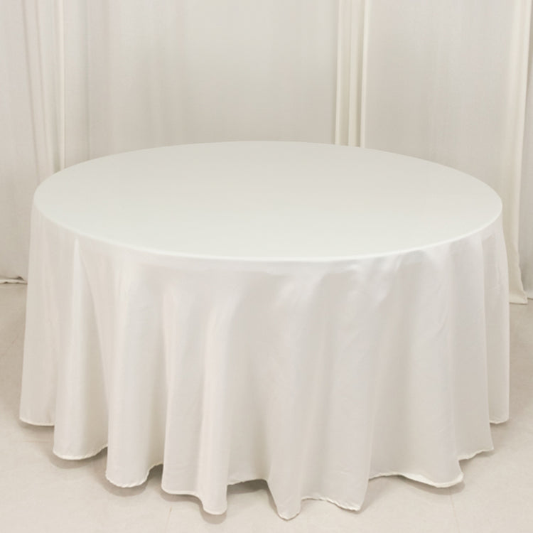 Ivory Seamless Lamour Satin Round Tablecloth - 120 for 5 Foot Table With Floor-Length Drop