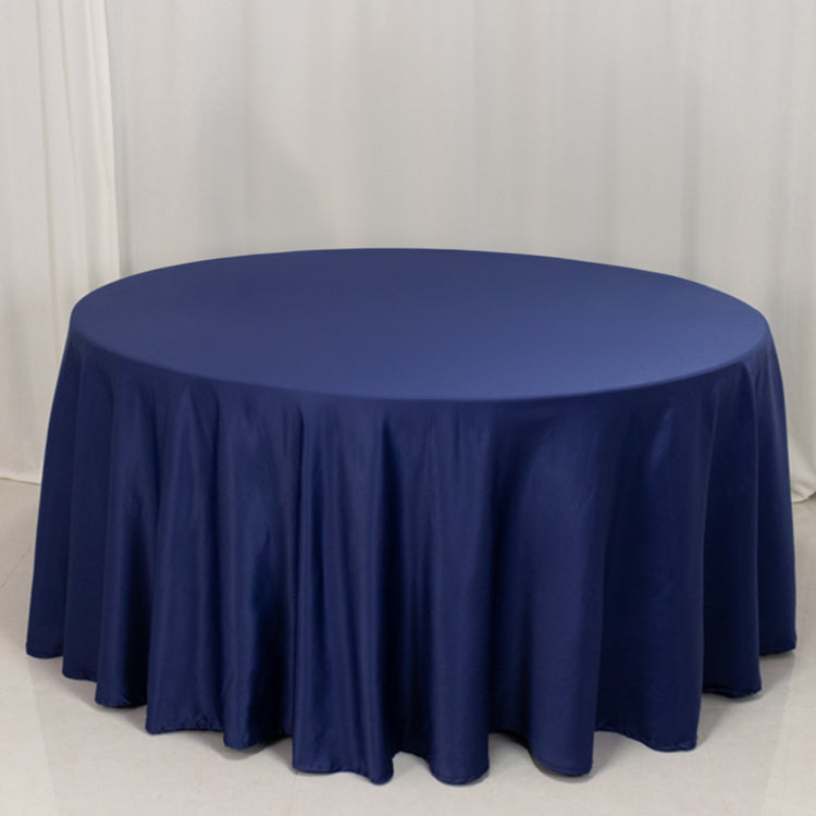 Navy Blue Seamless Lamour Satin Round Tablecloth - 120 for 5 Foot Table With Floor-Length Drop