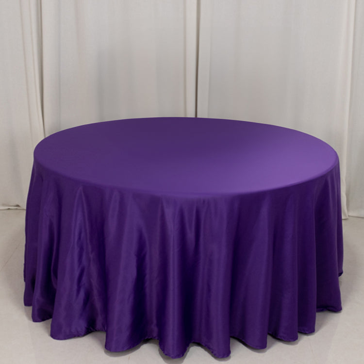 Purple Seamless Lamour Satin Round Tablecloth - 120inch for 5 Foot Table With Floor-Length Drop