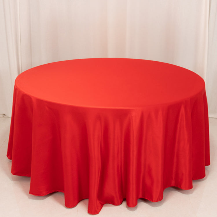 Red Seamless Lamour Satin Round Tablecloth - 120inch for 5 Foot Table With Floor-Length Drop