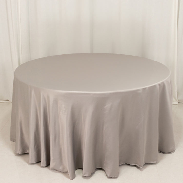 Silver Seamless Lamour Satin Round Tablecloth - 120inch for 5 Foot Table With Floor-Length