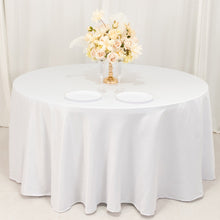 White Seamless Lamour Satin Round Tablecloth - 120inch for 5 Foot Table With Floor-Length Drop