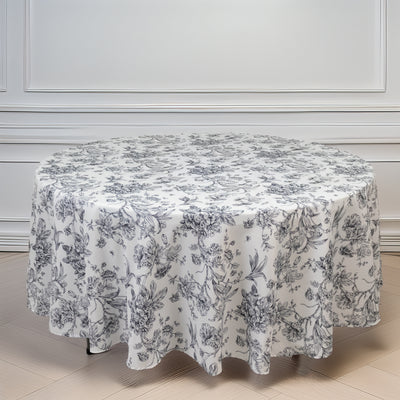 Polyester Round Tablecloth 108" White with Black French Toile Pattern - Sophisticated Table Cover for Chic Weddings & Events